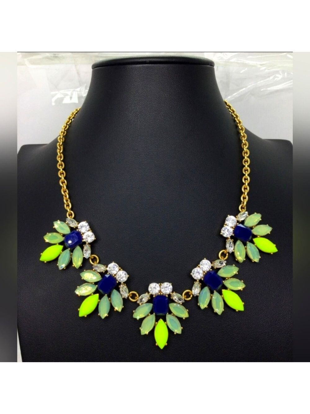 J. Crew Green/Blue Rhinestone Statement Necklace 18" - Picture 1 of 5